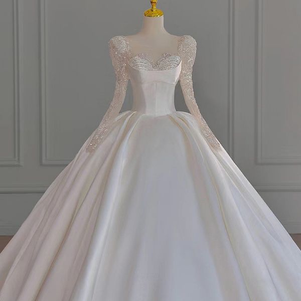 

o-neck wedding dresses luxury sequined long puff sleeve sparkly beading pearls crystal satin ball bridal gowns sweep train 2023, White