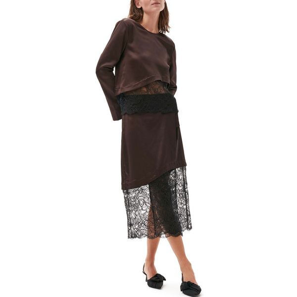 

two piece skirt set chocolate smooth fabric with black lace and skirt, White