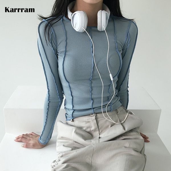 

women's t-shirt karrram korean fashion ribbed t-shirts slim long sleeve tshirts chic streetwear kpop designer clothes solid tight y2k, White