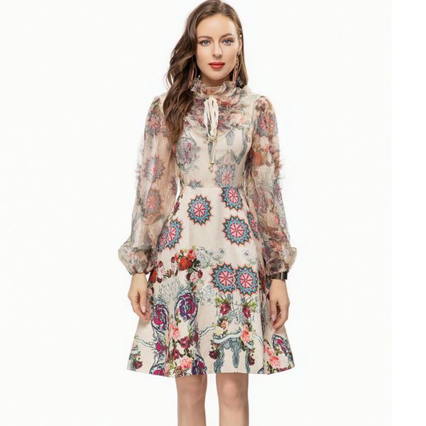 

women's runway dresses ruffled collar long sleeves printed dobby a line short designer vestidos, Black