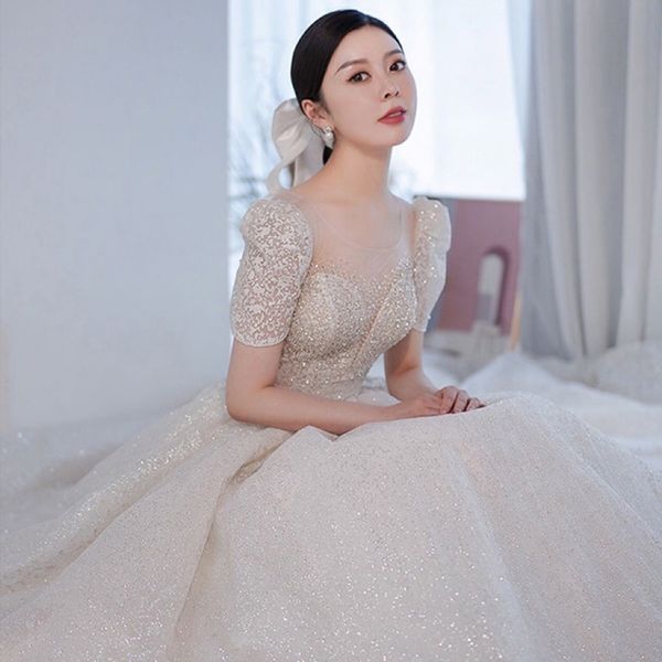 

luxury wedding dress o neck french style starry sparkly sequin sweep train lace illusion backless exquisite elegant bridal gown, White
