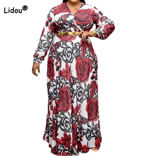 

plus size dresses size women s clothing plant flowers printing robe femme spring autumn casual v neck sashes long sleeve loose maxi 230508, Black