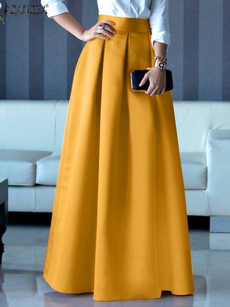 

skirts zanzea elegant high waist office satin skirts summer women fashion a-line party skirt jupe vestidos maxi long skirt faldas saia 23050, Black