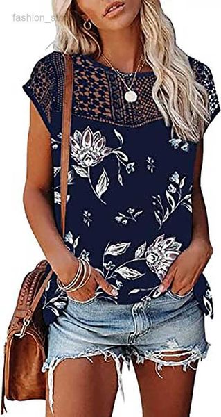 

womens cap sleeve 2023 trendy floral print summer loose fit lace t shirts blouses, Black