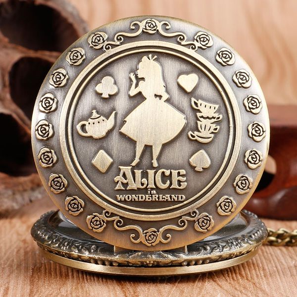 

new arrival retro alice in wonderland theme bronze quartz pocket watches vintage fob watches christmas brithday gift relogio, Slivery;golden