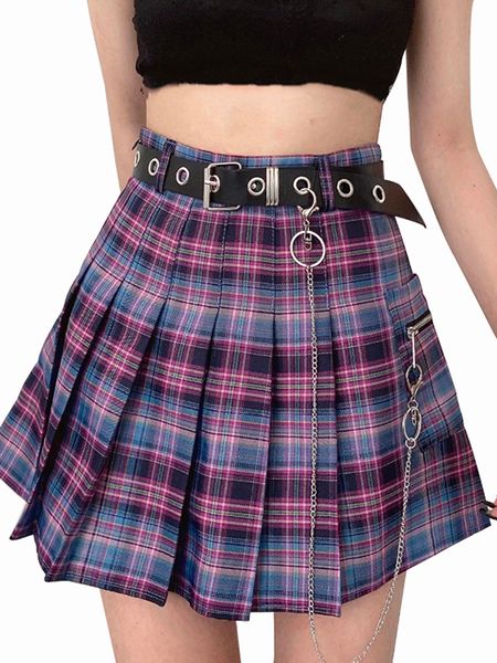 

skirts harajuku plaid skirt women punk y2k high waist mini tennis skirts uniform chain pocket a-line streetwear vintage belt 230508, Black