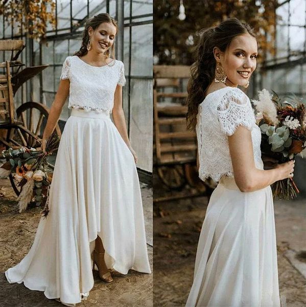 

two piece romantic bohemian plus size wedding dresses bohemian a line scoop neck short sleeves hi-lo lace pleats beach bridal gowns vestido, White