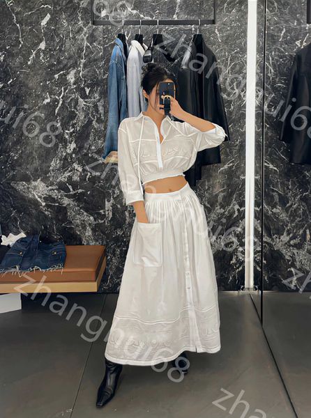 

23ss women designer clothes skirt set lapel embroidery hollowed out long sleeve short shirt same series pocket half umbrella skirt long skir, White