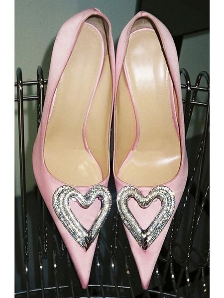 

crystal heart shape pink pumps pointed toe stiletto thin high heel slip on shallow fashion women shoes, Black