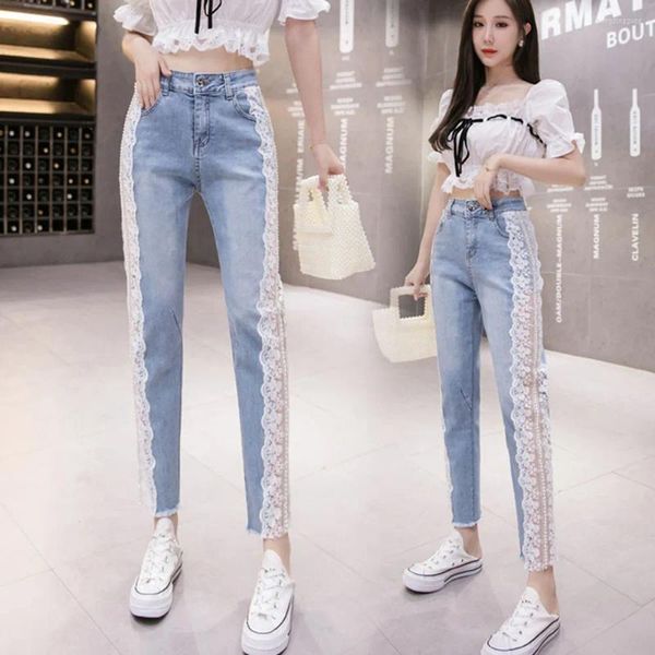 

spring women's jeans summer women cropped loose lace patchwork casual ladies denim pants beaded stretchy fashion trousers, Blue
