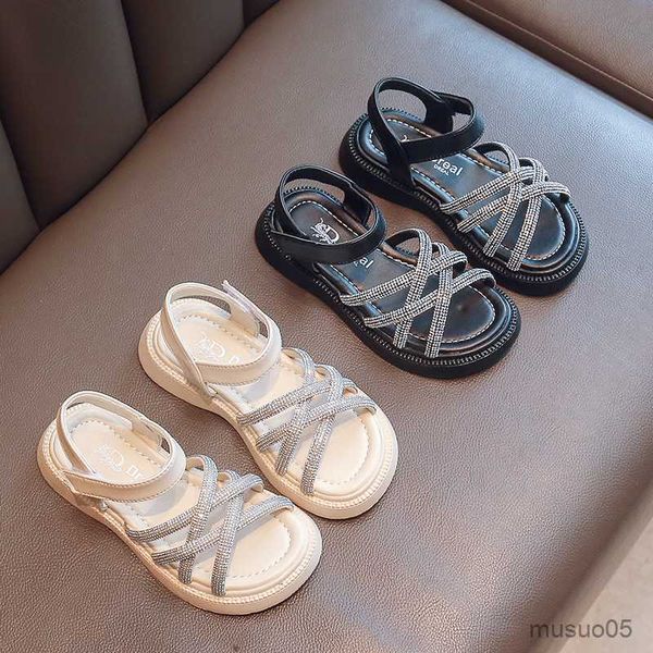 

sandals girl's sandals cross-band rhinestone chunky luxury kids summer sliders black beige 26-36 hollow out stylish children shoes, Black;red