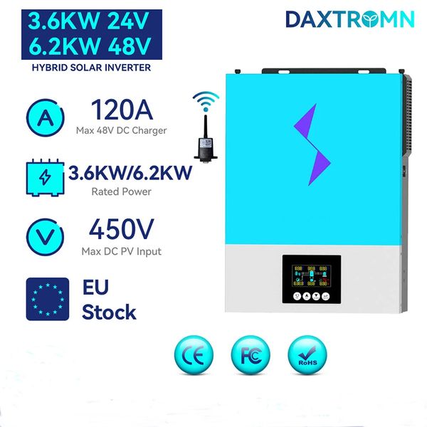 

daxtromn hybrid solar inverter 3600w 220v ac 24v battery 6200w 48v battery 120a dc pv input 120vdc-450vdc input solar charger