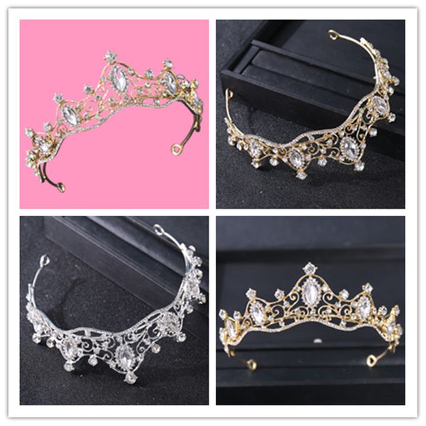

bridal headwear with hollowed out zircon crown, sparkling rhinestone and gold lace crown, shooting runway headwear, Silver