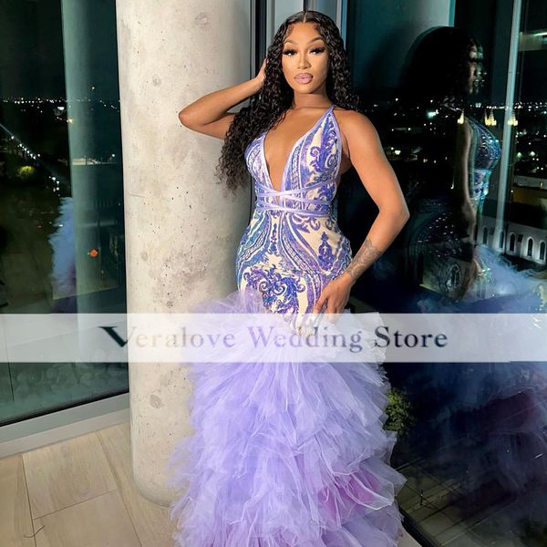 

lavender sequins mermaid prom dresses 2023 for black girls criss cross straps backless gala party gwons graduation robe de bal