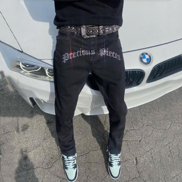 

mens jeans mans stretchy black skinny slim fit drill punk streetwear biker trousers man hole letter denim pencil pants 230506, Blue