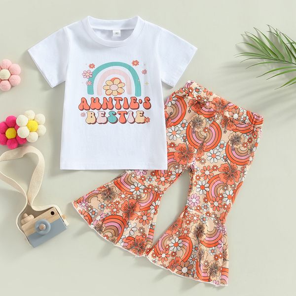 

summer baby girls princess outfits cute infant outfits rainbow letter printed short sleeve t-shirt floral flare pants 2pcs clothes suit s220, White