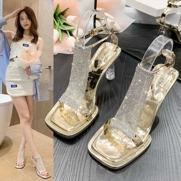 

water diamond sandals 2023 summer new little fairy thin high heel platform women's shoes banquet style, Black