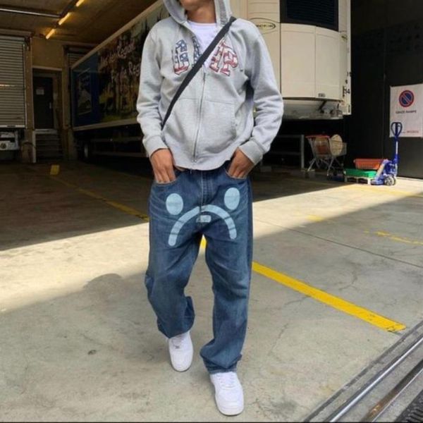 

mens jeans vintage clothing loose wide leg y2k printed baggy send belt street women and cotton pants summer 230506, Blue