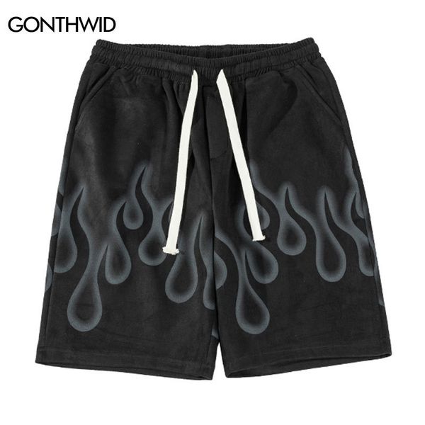 

men's shorts men suede shorts streetwear y2k hip hop fire flame print casual baggy jogger shorts summer fashion loose sweatpants 230506, White;black