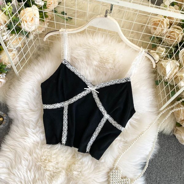 

camisoles tanks heliar women lace up crop vneck knitted camis short slim underwear straps for women summer 230508, Black;white