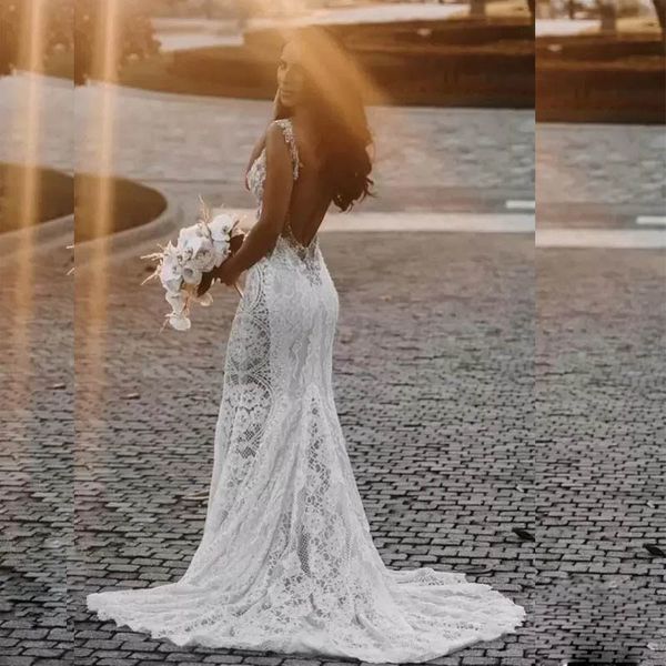 

backless lace mermaid wedding dresses beaded wedding gown mermaid beach bridal plus size women dress, White