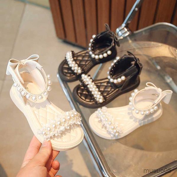 

sandals summer little girl soft sole bow beading sandals elegant pearl rhinestone party princess shoes, Black;red