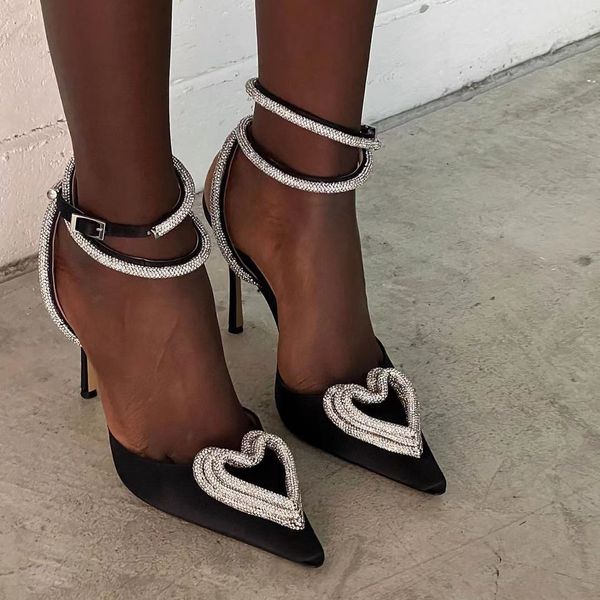 

mach&mach sandal triple heart platform pumps satin pointed chunky heel dress shoes crystal embellished evening shoe 6.5cm 10cmluxury designe, Black