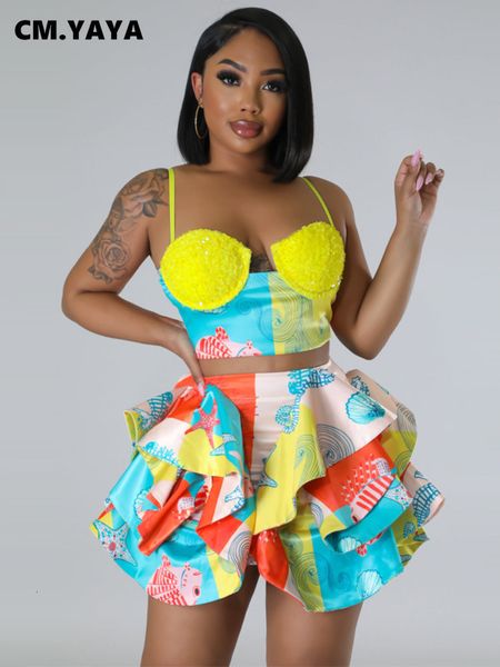 

women's tracksuits cmyaya set sequined crop and starfish cascading ruffles skirt shorts 2023 beach outfit two 2 piece tracksuit 230506, Gray