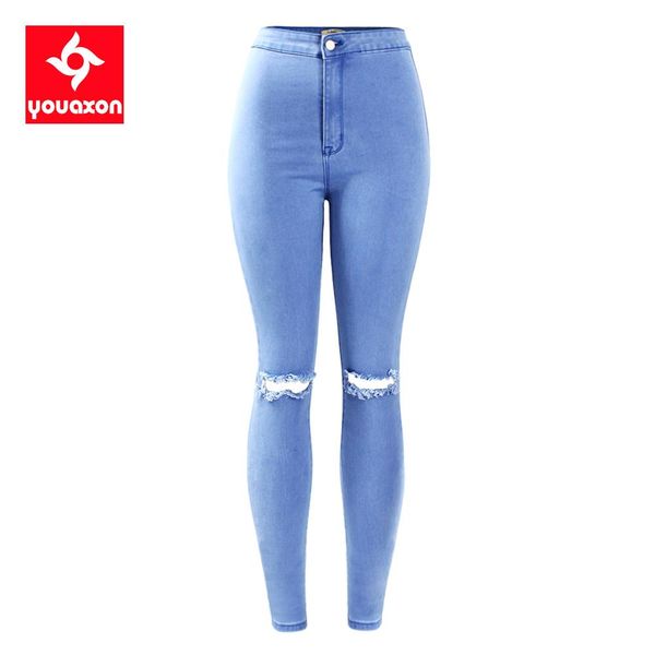 

jeans 2042 youaxon kobiet wysokiej talii stretch zgrywanie kolana distressed skinny denim jean spodnie jeansowe kobieta, Blue