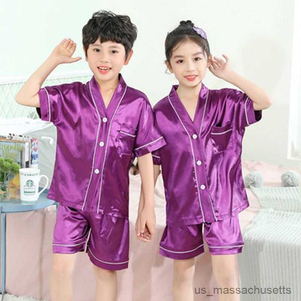 

pajamas summer children pajamas suit kids soild silk sleepwear set boys homewear stain girls short sleeve pyjamas nightwear, Blue;red