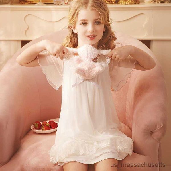 

pajamas princess style nightgowns for girls children lace ruffles nightdress kids knee length sleeping dress home clothing sleepwear, Blue;red