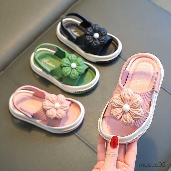 

sandals summer flowers kids sandals solid hook loop soft children sandals breathable footwear hook loop anti slip girls beach shoes, Black;red