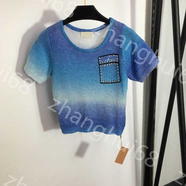 

23ss womens designer clothing womens knits round neck nail drill pocket gradient color halo dyed wool knit short sleeve t-shirt womens cloth, White