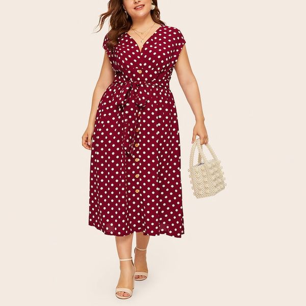 

plus size dresses size women clothing autumn fashion polka dot print button tie waist vneck ladies dress skirt l5xl oversized 230506, Black