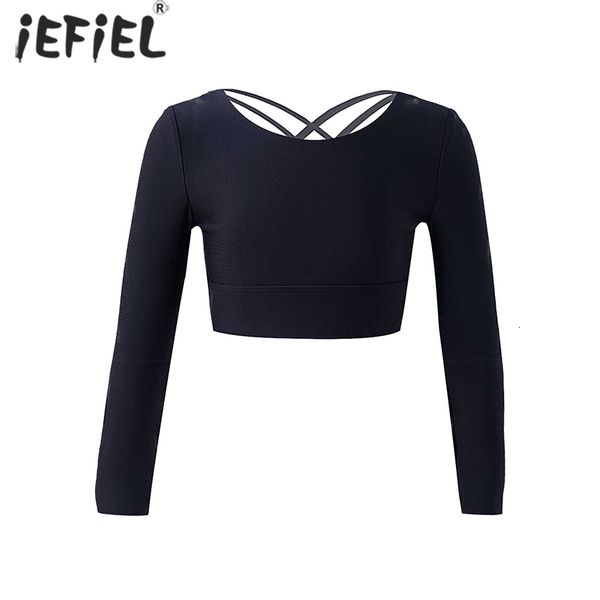 

vest kids girls cotton round neck long sleeves criss cross open back sport dance crop workout yoga gymnastics ballet dance 230508, Blue