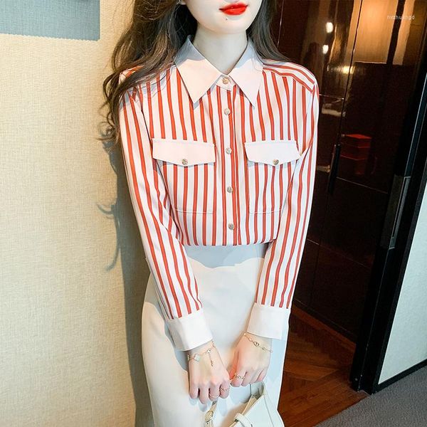 

women's blouses spring/summer poplin blouse casual fashion turndown collar buttons stripe long sleeve shirt, White