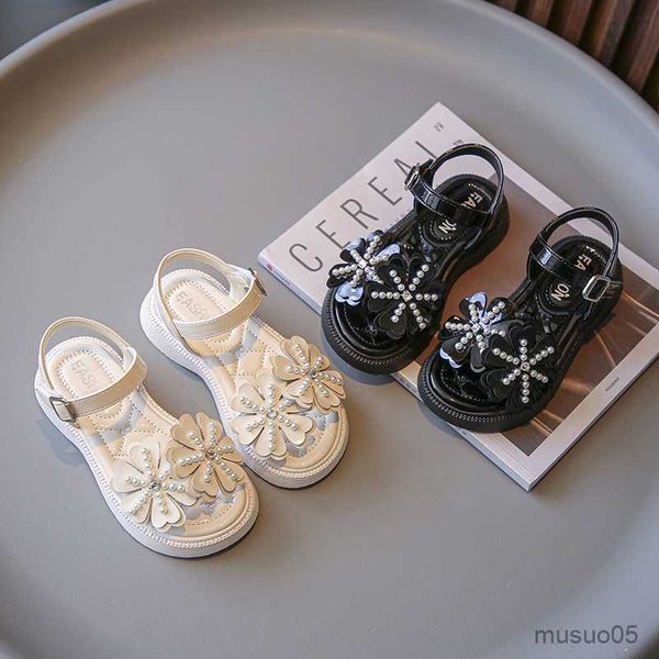 

sandals children sandals appliques flower open toe stylish girl's summer sliders wedges black beige flexiable soft kids shoes, Black;red