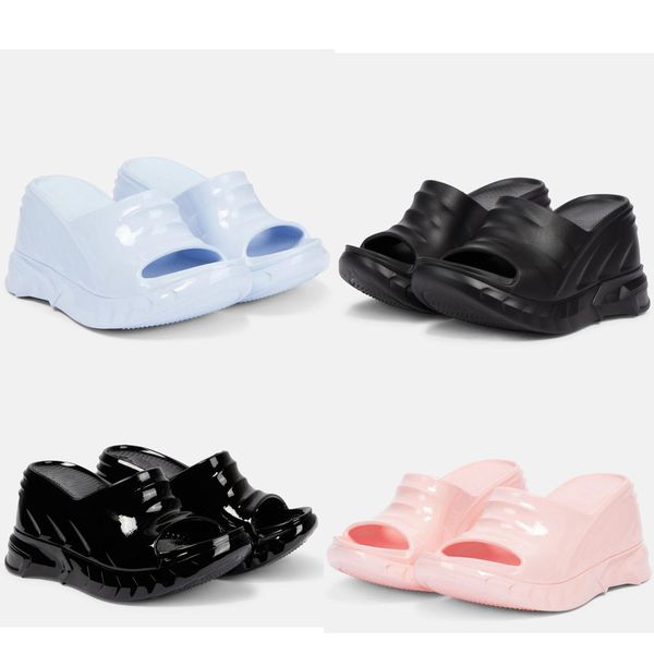 

modern women's sandals made of molded rubber in italy, open toe round toe thick sole slope heel slippers show summer women's charm, Black
