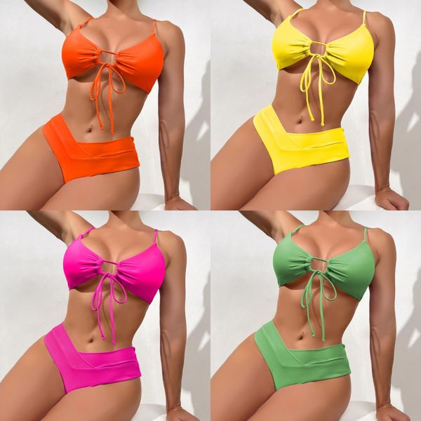 

high elastic bikini set for 2023 summer two pieces solid color lace-up women swimsuit beach bathing suit swimwear