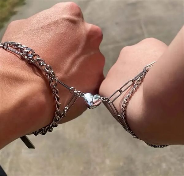 

1 piece qixi lovers titanium steel love pendant magnet bracelet, Golden;silver