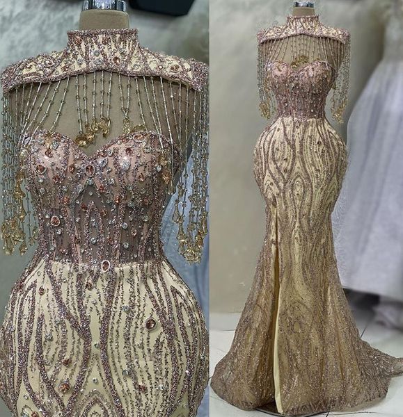 

2023 may aso ebi gold mermaid prom dress beaded crystals luxurious evening formal party second reception birthday engagement gowns dress rob, Black
