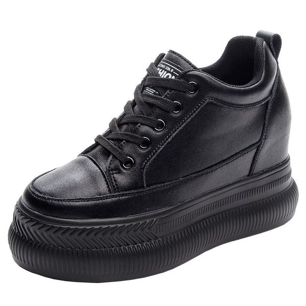 

fujin 10cm full cow genuine leather women shoes platform wedge sneakers white shoes hidden heel spring autumn summer shoes, Black