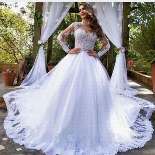 

2023 luxury a line wedding dresses vintage long sleeves lace sheer crew neck lace appliques crystal beaded vestios de novia bridal gowns pri, White