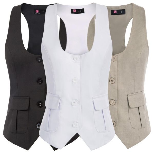 

leather women raceback vest coat waistcoat with pockets solid color uneck handkerchief hem buttons retro coats party club evening new, Black