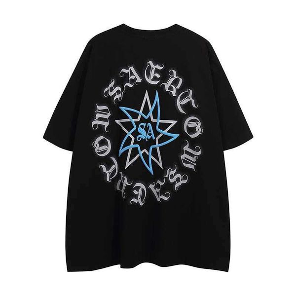 

summer american high street star letter printed short sleeve t-shirt men's fashion brand loose round neck half sleeve, Black;white