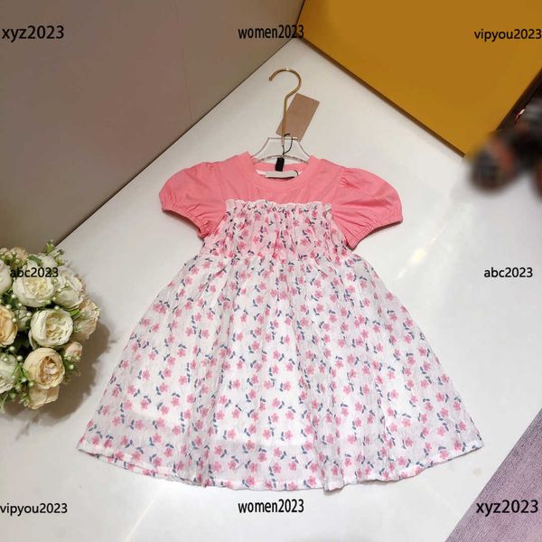 

luxury designer girls dress pleated bubble sleeve dress baby clothes fashion summer floral printing skirt new arrival, Red;yellow
