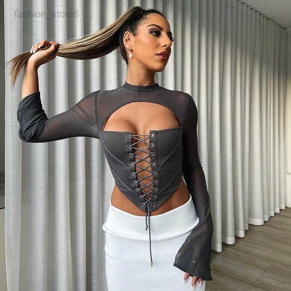

women's t-shirt women's fashion shirts summer new solid casual backless round neck long sleeve strap mesh slim top, White