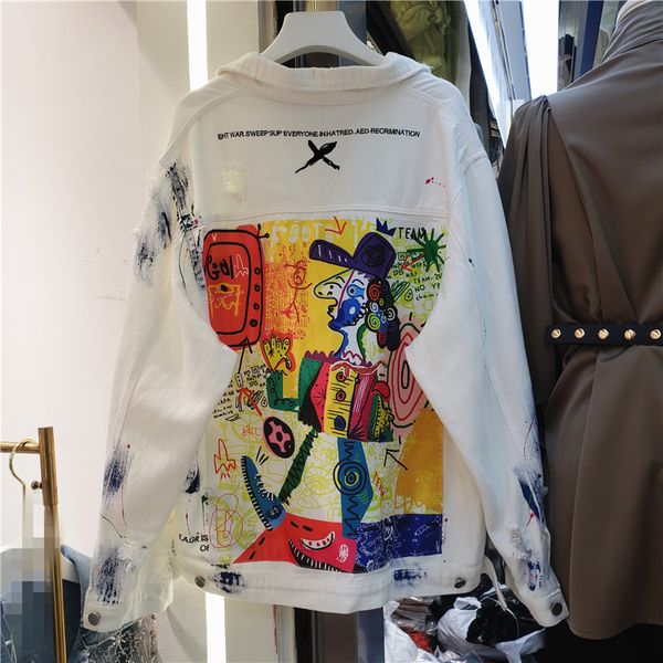 

men s jackets fashion hand painted character graffiti print women denim jacket spring autumn casual hole jeans coat female outwear streetwea, Black;brown