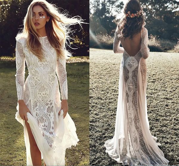 

new exquisite lace wedding dress boho chic long sleeve backless bridal gowns summer robe de mariage, White