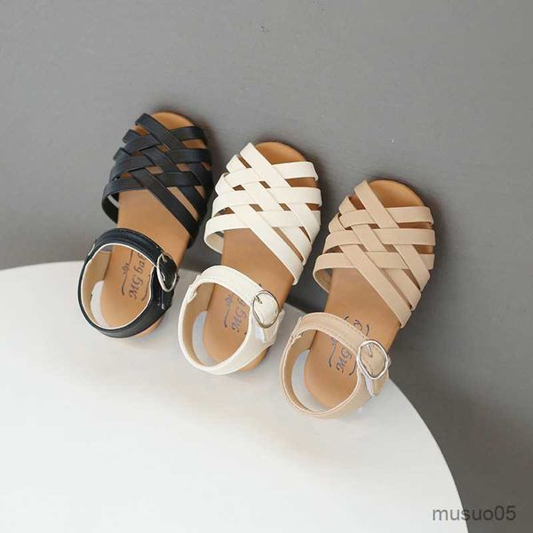 

sandals toddler girls sandals peep toe cross band hollow out daily plain children summer shoes 21-30 three colors light kids sliders, Black;red